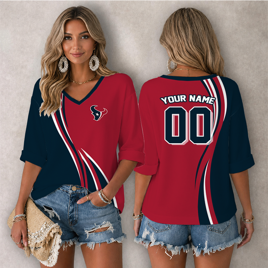 [SPECIAL OFFER] NEW CUSTOMIZED NFL15 HTT HOUSTON TEXANS WOMEN'S HEART V-NECK LONG SLEEVE SHIRT