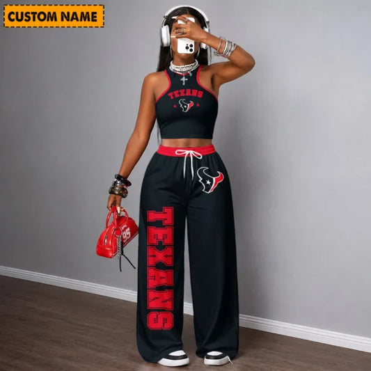 [TOUCHDOWN DEAL] NEW CUSTOMIZED NFL15 HTT HOUSTON TEXANS WOMEN'S CROP TOP & LONGPANTS SET