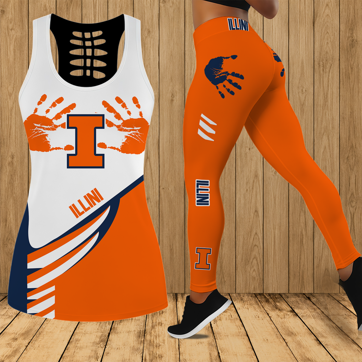 [SLAM DUNK DEAL] NEW CUSTOMIZED NCAA MAM15 IFI ILLINOIS FIGHTING ILLINI STRAPPY HOLLOW TANK TOP & LEGGINGS SET