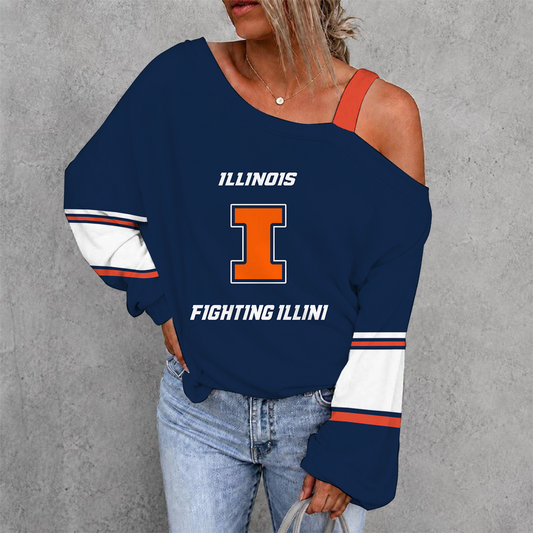 [SLAM DUNK DEAL] NEW CUSTOMIZED NCAA MAM15 IFI ILLINOIS FIGHTING ILLINI WOMEN'S OFF-SHOULDER LONG SLEEVE SHIRT