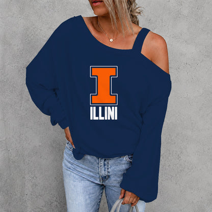 [SLAM DUNK DEAL] NEW CUSTOMIZED NCAA MAM15 IFI ILLINOIS FIGHTING ILLINI WOMEN'S OFF-SHOULDER LONG SLEEVE SHIRT