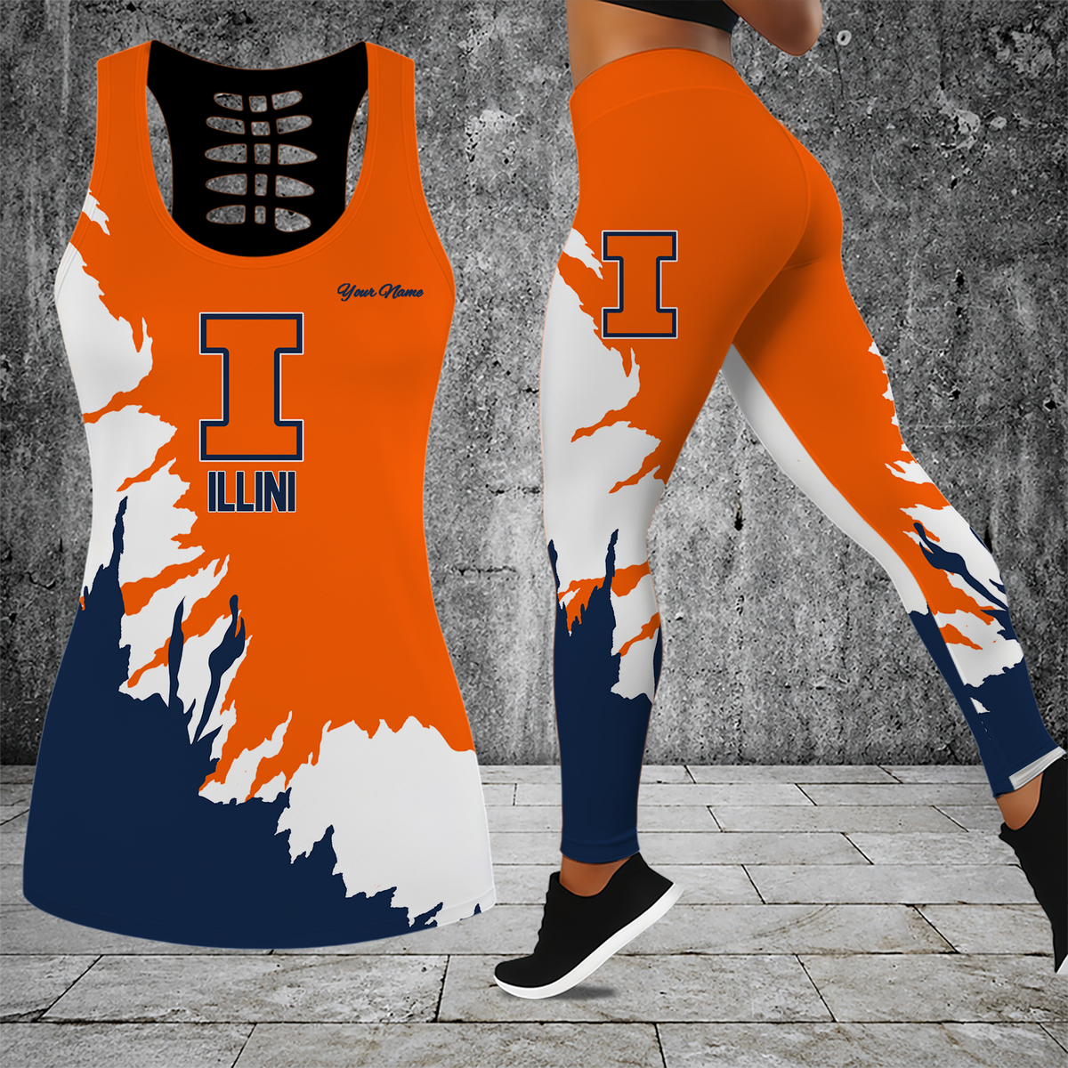 [SLAM DUNK DEAL] NEW CUSTOMIZED NCAA MAM15 IFI ILLINOIS FIGHTING ILLINI STRAPPY HOLLOW TANK TOP & LEGGINGS SET