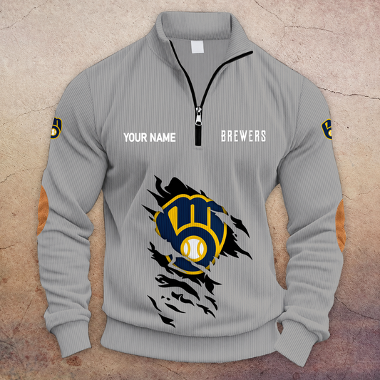 [HOMERUN DEAL] NEW CUSTOMIZED MLB15 MBS MILWAUKEE BREWERS MULTICOLOR STRIPED QUATER ZIP SWEATSHIRT