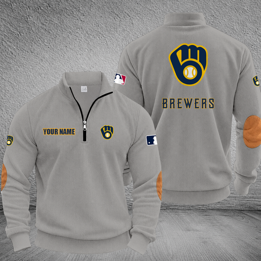 [HOMERUN DEAL] NEW CUSTOMIZED MLB15 MBS MILWAUKEE BREWERS MULTICOLOR STRIPED QUATER ZIP SWEATSHIRT
