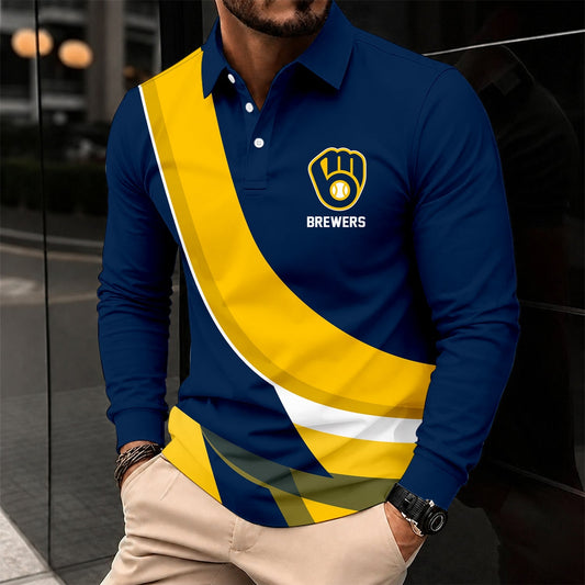 [HOMERUN DEAL] NEW CUSTOMIZED MLB15 MBS MILWAUKEE BREWERS MEN'S LONG SLEEVE POLO