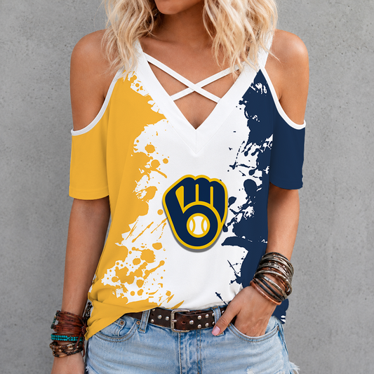 [HOMERUN DEAL] NEW CUSTOMIZED MLB15 MBS MILWAUKEE BREWERS CRISS CROSS V-NECK TOP