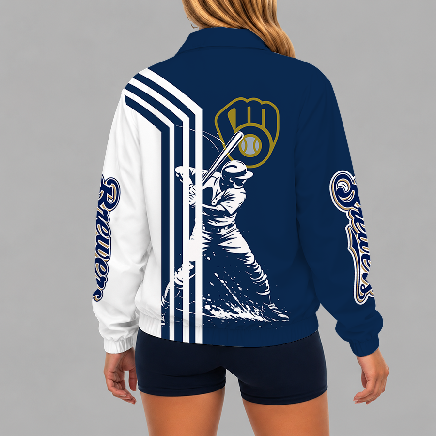 [HOMERUN DEAL] NEW CUSTOMIZED MLB15 MBS MILWAUKEE BREWERS V-NECK ZIPPER SWEATSHIRT JACKET