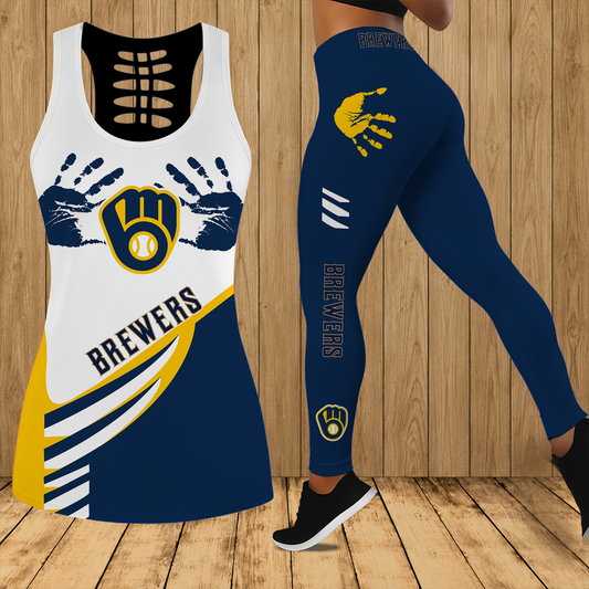 [HOMERUN DEAL] NEW CUSTOMIZED MLB15 MBS MILWAUKEE BREWERS HOLLOW TANK TOP & LEGGINGS SET