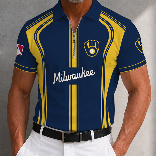 [HOMERUN DEAL] NEW CUSTOMIZED MLB15 MBS MILWAUKEE BREWERS ZIP POLO SHIRT