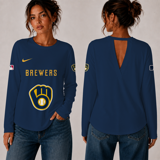 [HOMERUN DEAL] NEW CUSTOMIZED MLB15 MBS THE BREWERS WOMEN'S BACK V-CUT LONG-SLEEVE SHIRT