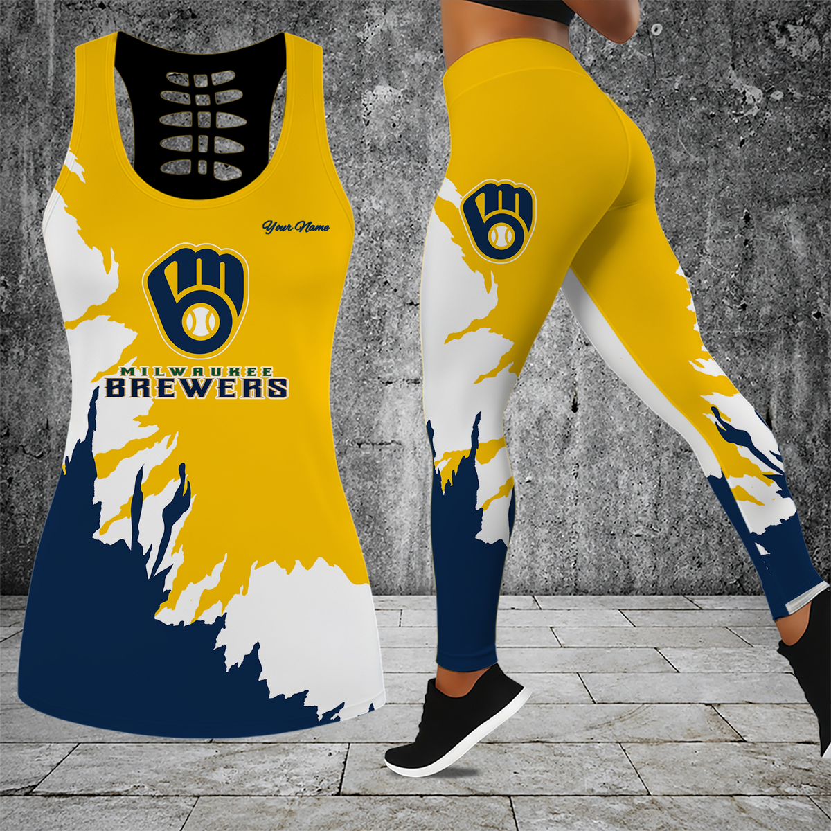 [HOMERUN DEAL] NEW CUSTOMIZED MLB15 MBS MILWAUKEE BREWERS HOLLOW TANK TOP & LEGGINGS SET