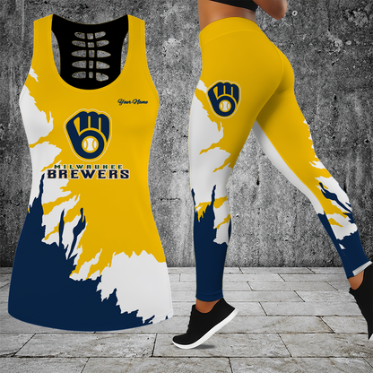 [HOMERUN DEAL] NEW CUSTOMIZED MLB15 MBS MILWAUKEE BREWERS HOLLOW TANK TOP & LEGGINGS SET