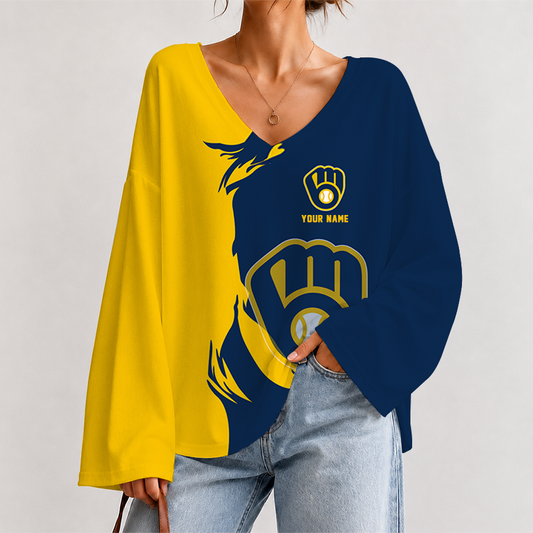 [HOMERUN DEAL] NEW CUSTOMIZED MLB15 MBS MILWAUKEE BREWERS V-NECK LONG SLEEVED CROP TOP