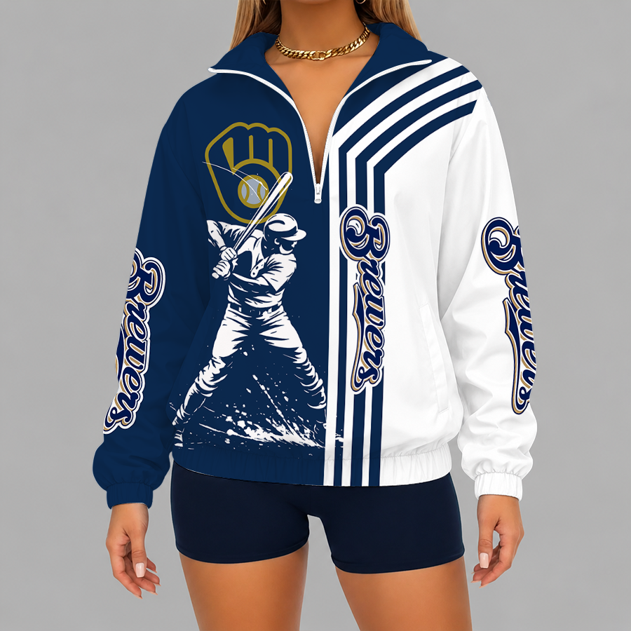 [HOMERUN DEAL] NEW CUSTOMIZED MLB15 MBS MILWAUKEE BREWERS V-NECK ZIPPER SWEATSHIRT JACKET