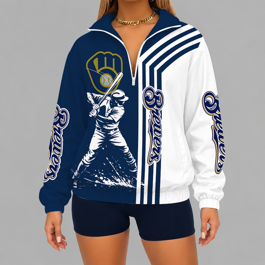 [HOMERUN DEAL] NEW CUSTOMIZED MLB15 MBS MILWAUKEE BREWERS V-NECK ZIPPER SWEATSHIRT JACKET
