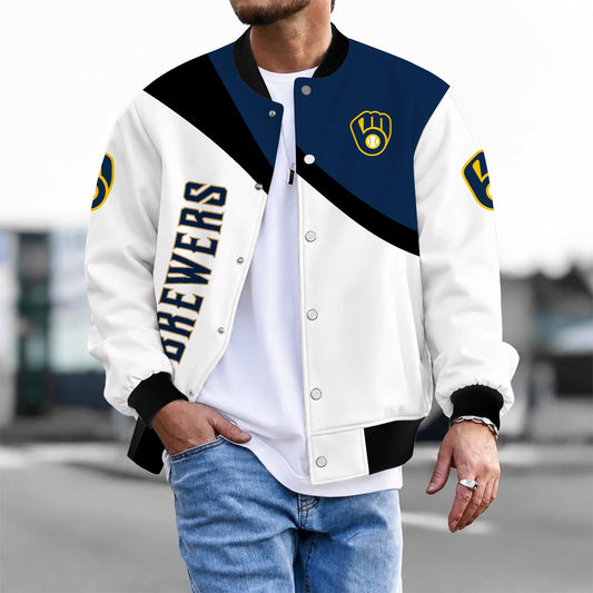 [HOMERUN DEAL] NEW CUSTOMIZED MLB15 MBS MILWAUKEE BREWERS SATIN VARSITY & BASEBALL JACKET