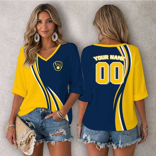 [HOMERUN DEAL] NEW CUSTOMIZED MLB15 MBS MILWAUKEE BREWERS WOMEN'S HEART V-NECK LONG SLEEVE SHIRT