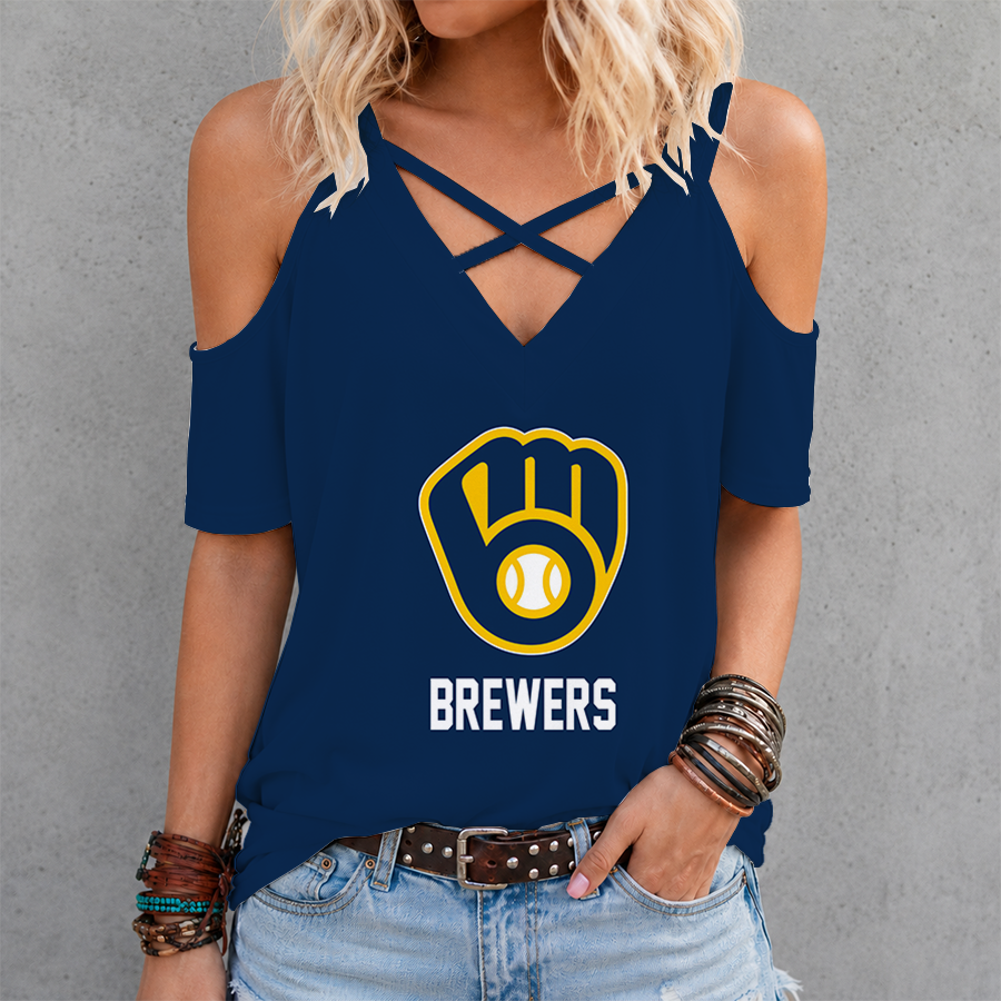 [HOMERUN DEAL] NEW CUSTOMIZED MLB15 MBS MILWAUKEE BREWERS CRISS CROSS V-NECK TOP