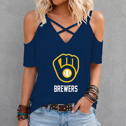 [HOMERUN DEAL] NEW CUSTOMIZED MLB15 MBS MILWAUKEE BREWERS CRISS CROSS V-NECK TOP