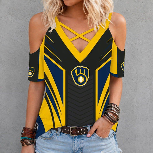 [HOMERUN DEAL] NEW CUSTOMIZED MLB15 MBS MILWAUKEE BREWERS CRISS CROSS V-NECK TOP