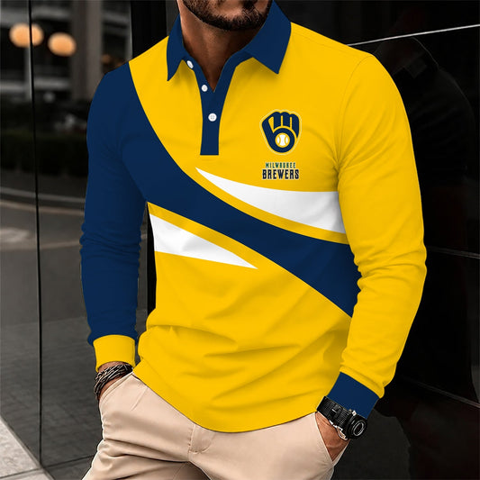 [HOMERUN DEAL] NEW CUSTOMIZED MLB15 MBS MILWAUKEE BREWERS MEN'S LONG SLEEVE POLO