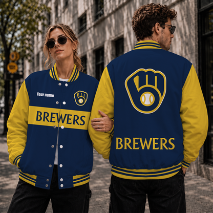 [HOMERUN DEAL] NEW CUSTOMIZED MLB15 MBS MILWAUKEE BREWERS SATIN VARSITY & BASEBALL JACKET