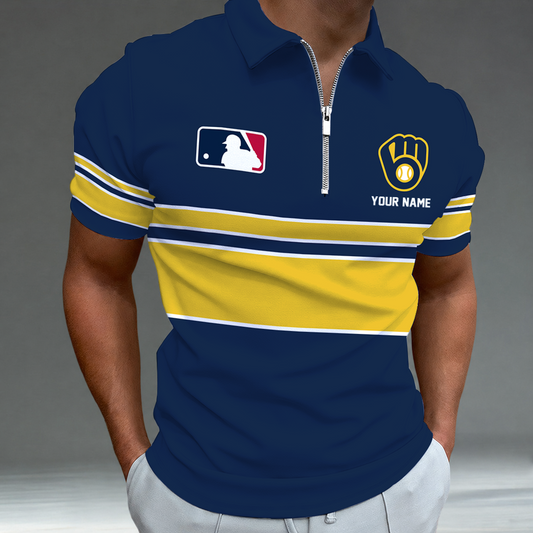 [HOMERUN DEAL] NEW CUSTOMIZED MLB15 MBS MILWAUKEE BREWERS ZIP POLO SHIRT