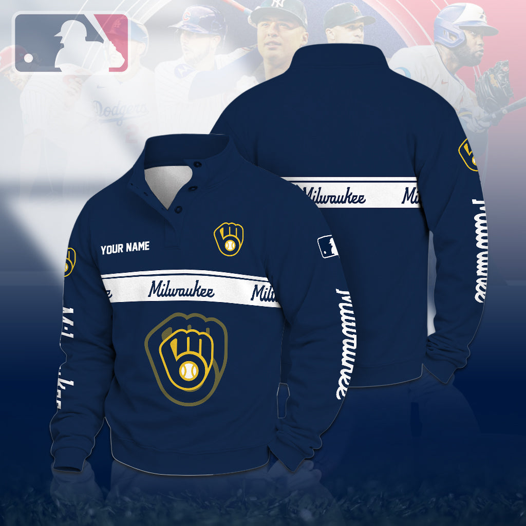 [HOMERUN DEAL] NEW CUSTOMIZED MLB15 MBS MILWAUKEE BREWERS QUARTER-BUTTON SWEATSHIRT