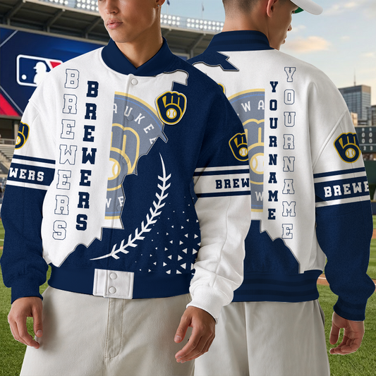 [HOMERUN DEAL] NEW CUSTOMIZED MLB15 MBS MILWAUKEE BREWERS SATIN VARSITY & BASEBALL JACKET