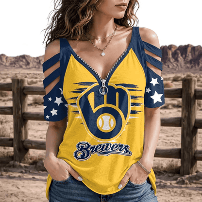 [HOMERUN DEAL] NEW CUSTOMIZED MLB15 MBS MILWAUKEE BREWERS STRAPPY COLD-SHOULDER TOP