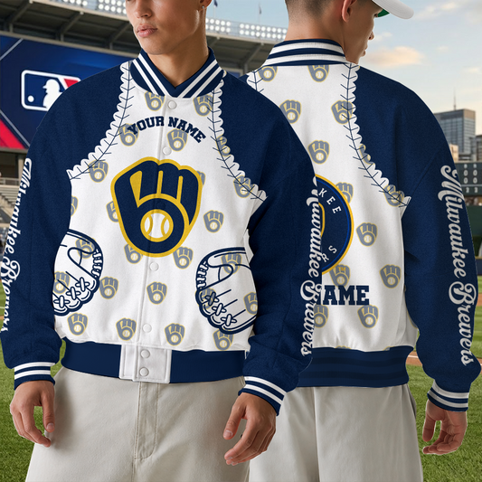 [HOMERUN DEAL] NEW CUSTOMIZED MLB15 MBS MILWAUKEE BREWERS SATIN VARSITY & BASEBALL JACKET