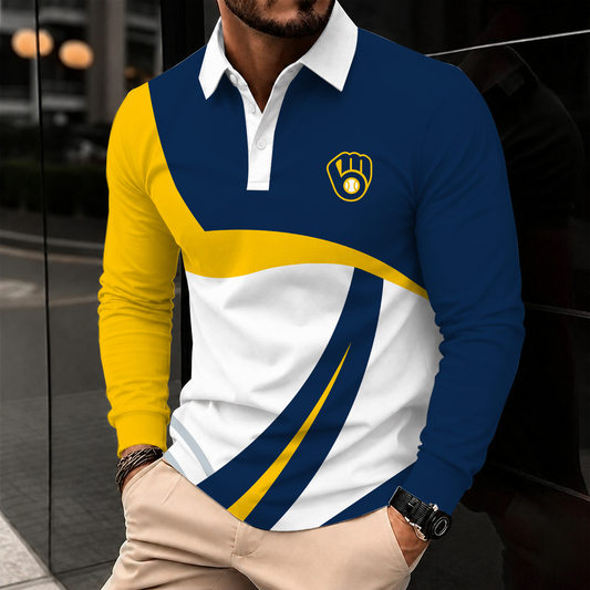 [HOMERUN DEAL] NEW CUSTOMIZED MLB15 MBS MILWAUKEE BREWERS MEN'S LONG SLEEVE POLO