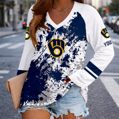 [HOMERUN DEAL] NEW CUSTOMIZED MLB15 MBS MILWAUKEE BREWERS WOMEN'S V-NECK LONG SLEEVED SHIRT