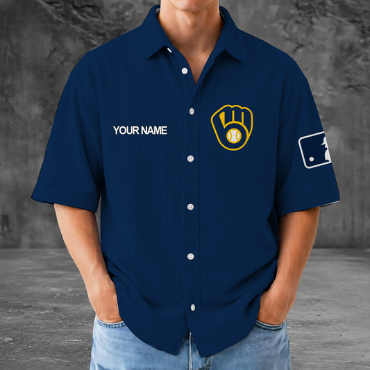 [HOMERUN DEAL] NEW CUSTOMIZED MLB15 MBS MILWAUKEE BREWERS SEERSUCKER BUTTON SHIRT