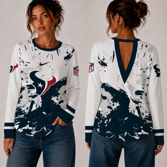 [TOUCHDOWN DEAL] NEW CUSTOMIZED NFL15 HTT HOUSTON TEXANS WOMEN'S BACK V-CUT LONG-SLEEVE SHIRT