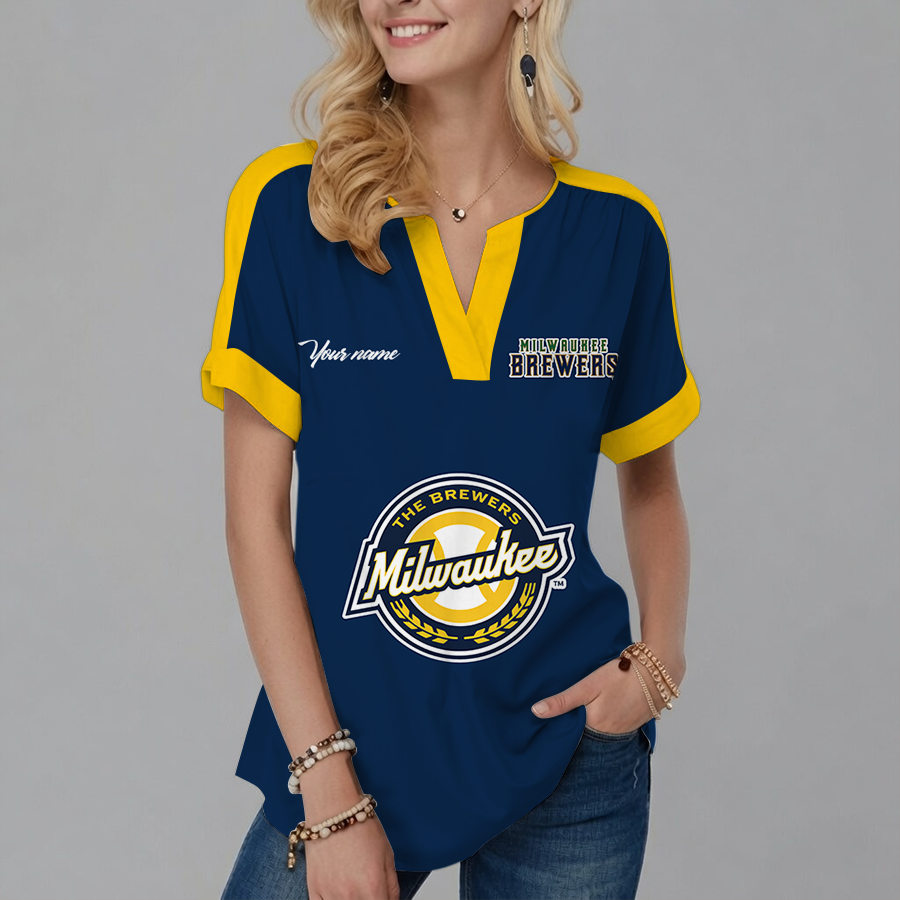 [HOMERUN DEAL] NEW CUSTOMIZED MLB15 MBS MILWAUKEE BREWERS V-NECK FEMALE SHIRT