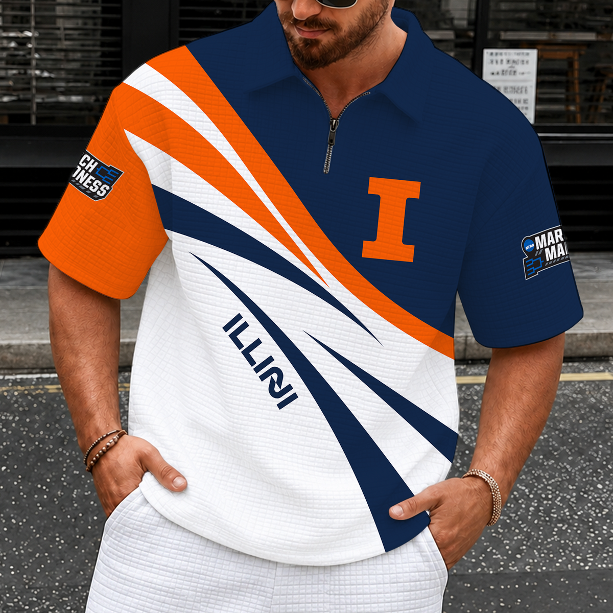 [SLAM DUNK DEAL] NEW CUSTOMIZED NCAA MAM15 IFI ILLINOIS FIGHTING ILLINI QUARTER-ZIP POLO SHIRT