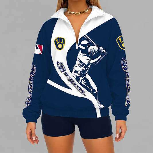 [HOMERUN DEAL] NEW CUSTOMIZED MLB15 MBS MILWAUKEE BREWERS V-NECK ZIPPER SWEATSHIRT JACKET