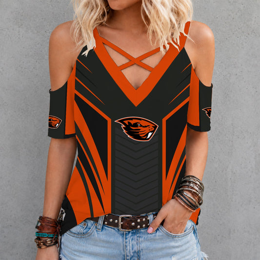 [HOMERUN DEAL] NEW CUSTOMIZED NCAA CWS15 OGB OREGON STATE BEAVERS CRISS CROSS V-NECK TOP