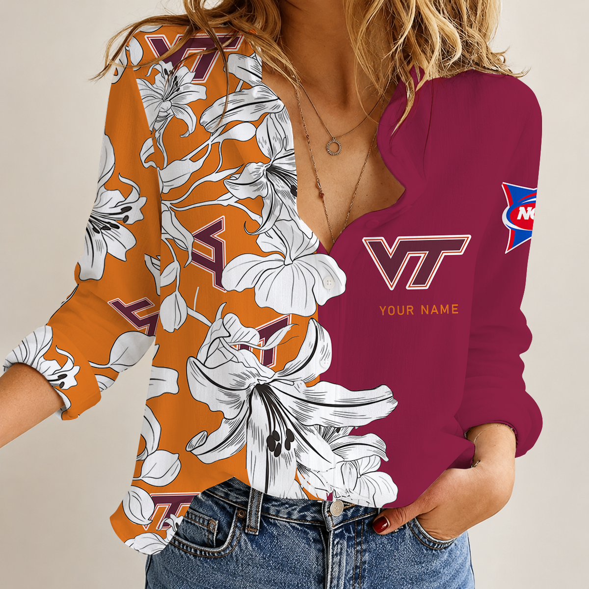 [TOUCHDOWN DEAL] NEW CUSTOMIZED NCAA FBS15 VTH VIRGINIA TECH HOKIES WOMEN CASUAL SHIRT