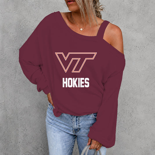 [TOUCHDOWN DEAL] NEW CUSTOMIZED NCAA FBS15 VTH VIRGINIA TECH HOKIES WOMEN'S OFF-SHOULDER LONG SLEEVE SHIRT