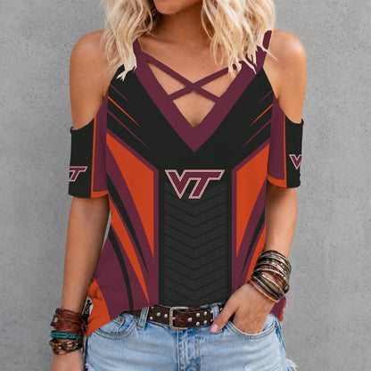 [TOUCHDOWN DEAL] NEW CUSTOMIZED NCAA FBS15 VTH VIRGINIA TECH HOKIES CRISS CROSS V-NECK TOP