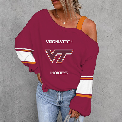 [TOUCHDOWN DEAL] NEW CUSTOMIZED NCAA FBS15 VTH VIRGINIA TECH HOKIES WOMEN'S OFF-SHOULDER LONG SLEEVE SHIRT