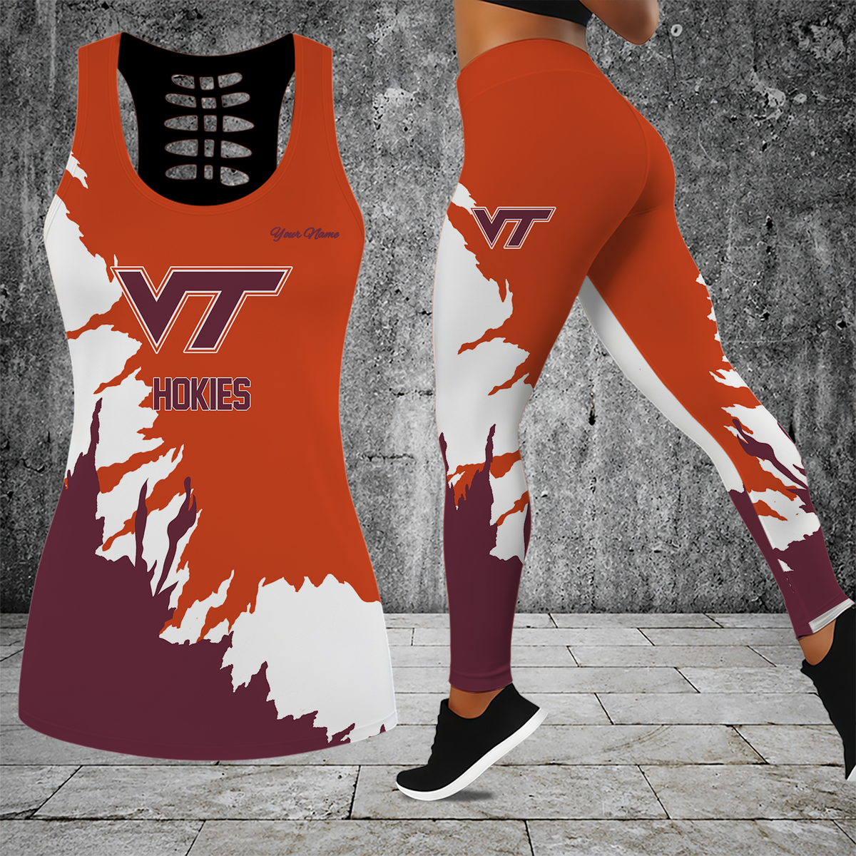 [TOUCHDOWN DEAL] NEW CUSTOMIZED NCAA FBS15 VTH VIRGINIA TECH HOKIES HOLLOW TANK TOP & LEGGINGS SET