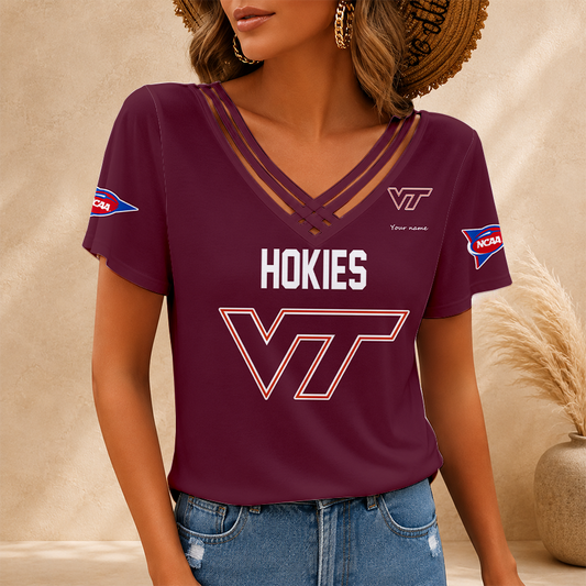 [TOUCHDOWN DEAL] NEW CUSTOMIZED NCAA FBS15 VTH VIRGINIA TECH HOKIES V-NECK SHIRT