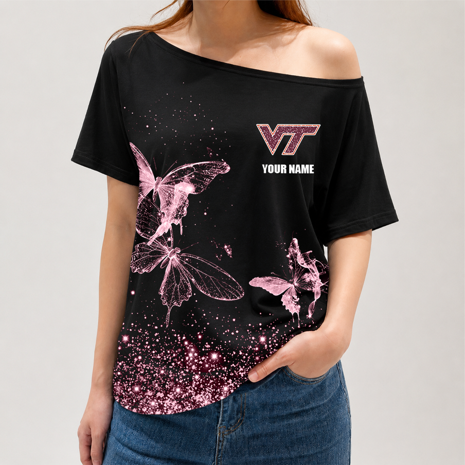 [TOUCHDOWN DEAL]NEW CUSTOMIZED NCAA FBS15 VTH VIRGINIA TECH HOKIES OFF-SHOULDER SHIRT