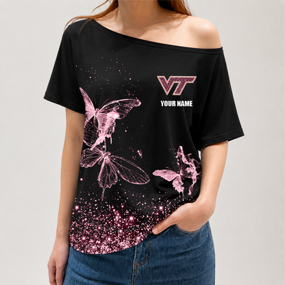 [TOUCHDOWN DEAL]NEW CUSTOMIZED NCAA FBS15 VTH VIRGINIA TECH HOKIES OFF-SHOULDER SHIRT