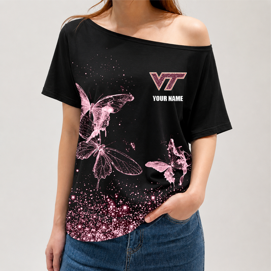 [TOUCHDOWN DEAL]NEW CUSTOMIZED NCAA FBS15 VTH VIRGINIA TECH HOKIES OFF-SHOULDER SHIRT