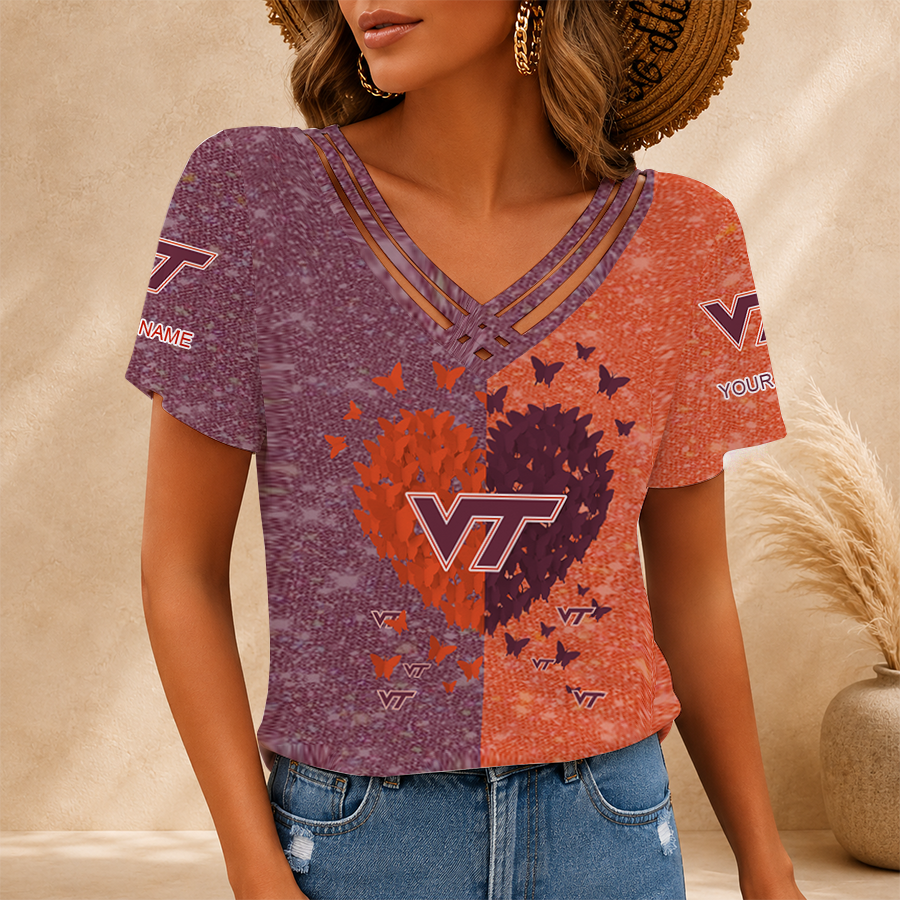 [TOUCHDOWN DEAL] NEW CUSTOMIZED NCAA FBS15 VTH VIRGINIA TECH HOKIES V-NECK SHIRT