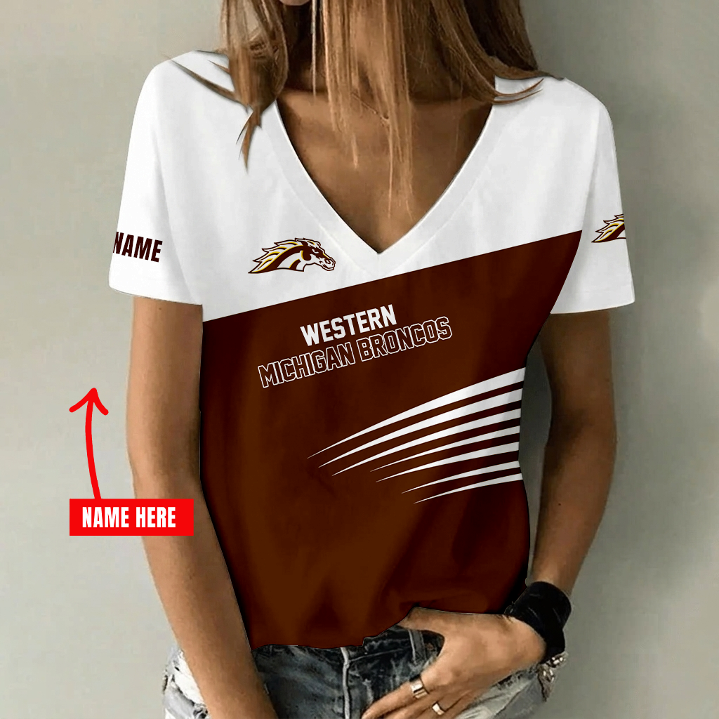 [PUCK DROP DEAL] NEW CUSTOMIZED NCAA MFF15 WMB WESTERN MICHIGAN BRONCOS V-NECK FEMALE SHIRT